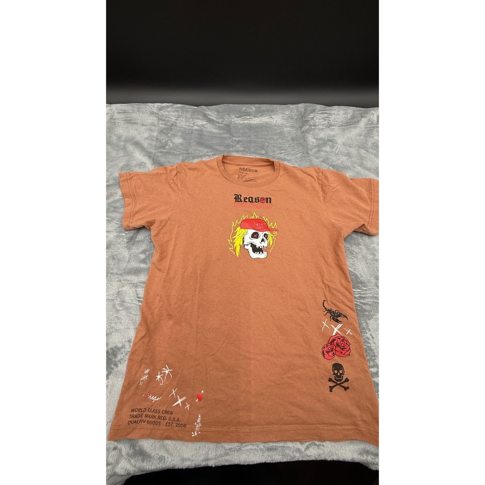 Reason Brand 1996 Skull Flames Graphic T Shirt Men's Medium Brown Streetwear
